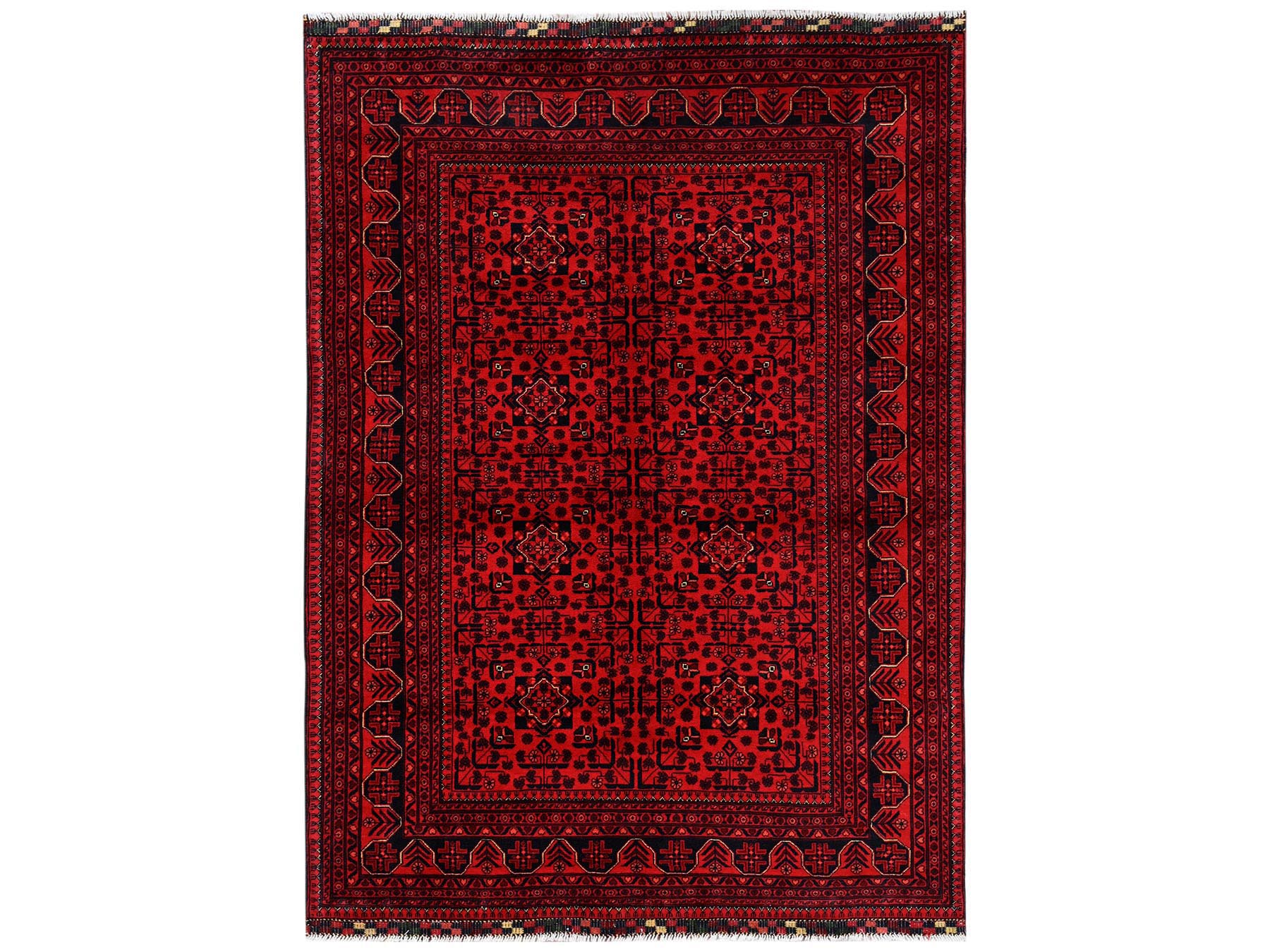 5'8"x7'7" Crimson Red, Afghan Andkhoy with Geometric Motif, Soft and Velvety Wool, Hand Knotted, Oriental Rug HR2483
