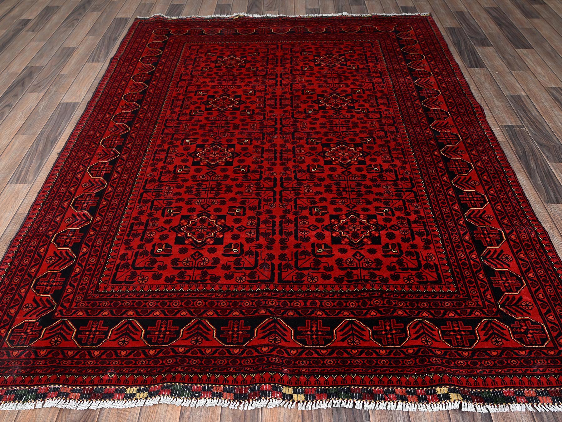5'8"x7'7" Crimson Red, Afghan Andkhoy with Geometric Motif, Soft and Velvety Wool, Hand Knotted, Oriental Rug HR2483 - Image 2