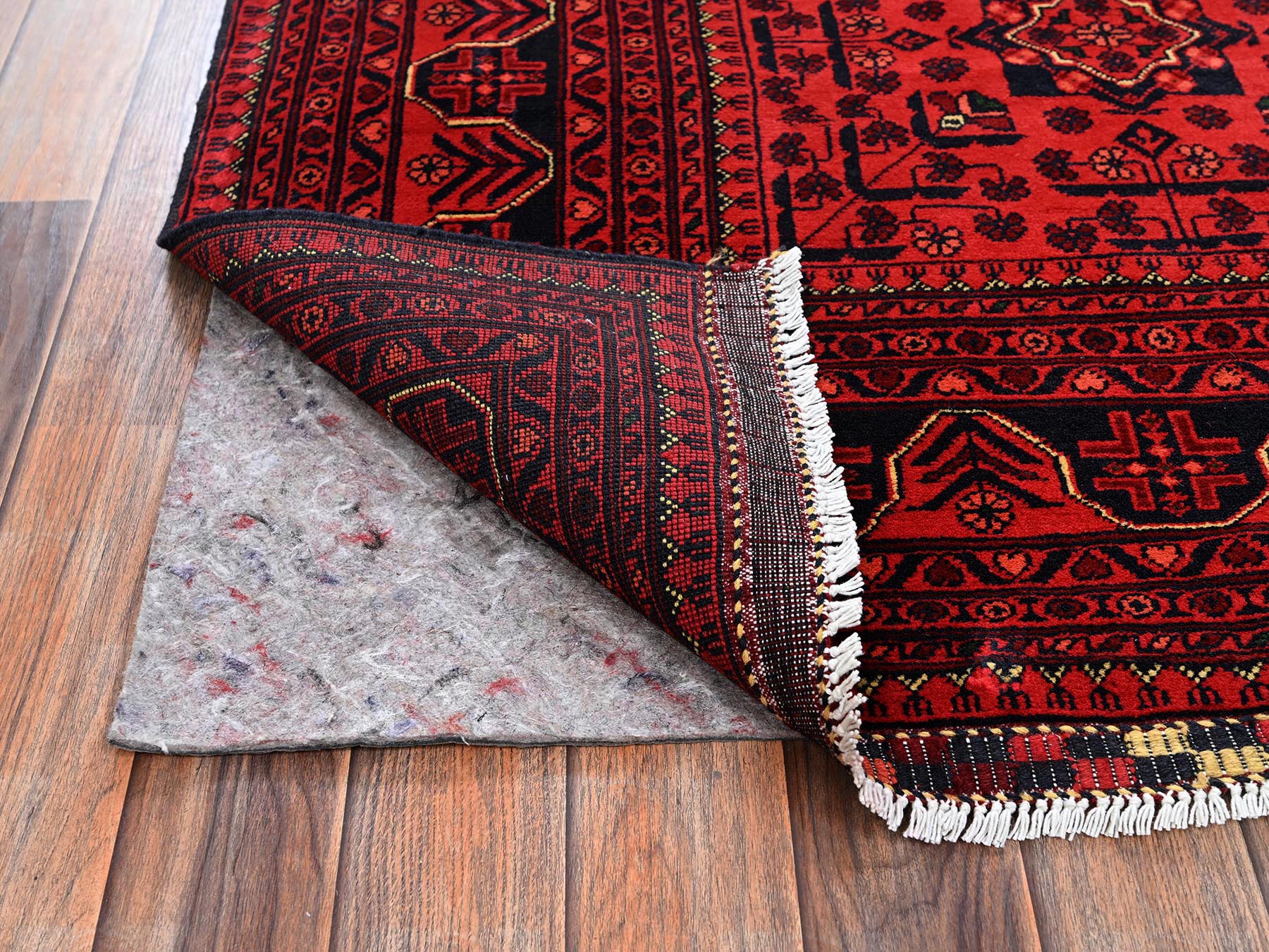 5'8"x7'7" Crimson Red, Afghan Andkhoy with Geometric Motif, Soft and Velvety Wool, Hand Knotted, Oriental Rug HR2483 - Image 3