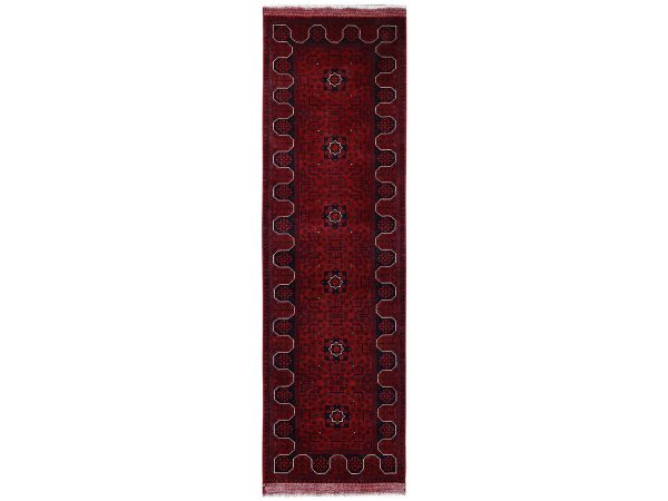 2'9"x9'7" Crimson Red, Afghan Andkhoy with Geometric Motif, Soft and Velvety Wool, Hand Knotted, Runner, Oriental Rug HR2484