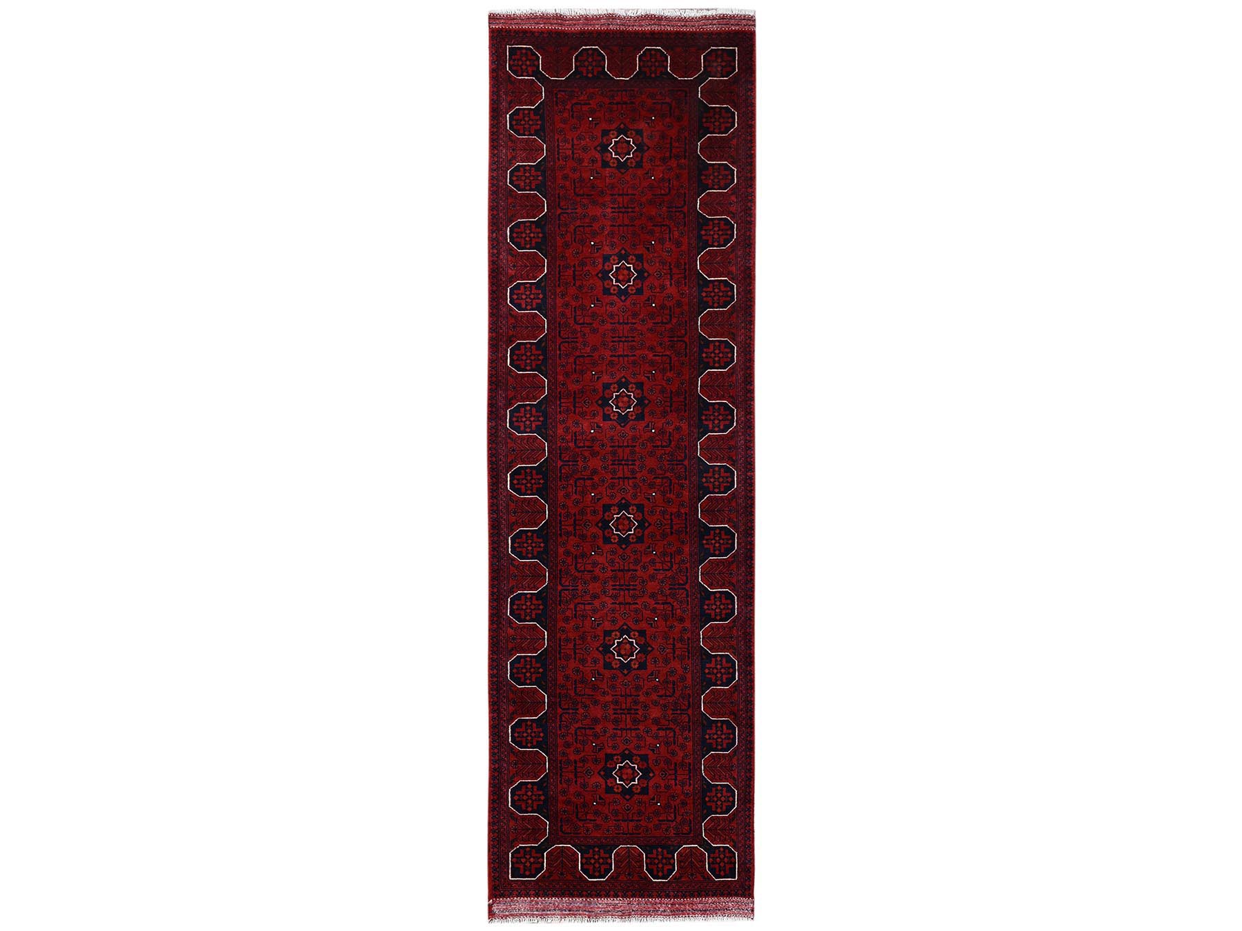 2'9"x9'7" Crimson Red, Afghan Andkhoy with Geometric Motif, Soft and Velvety Wool, Hand Knotted, Runner, Oriental Rug HR2484
