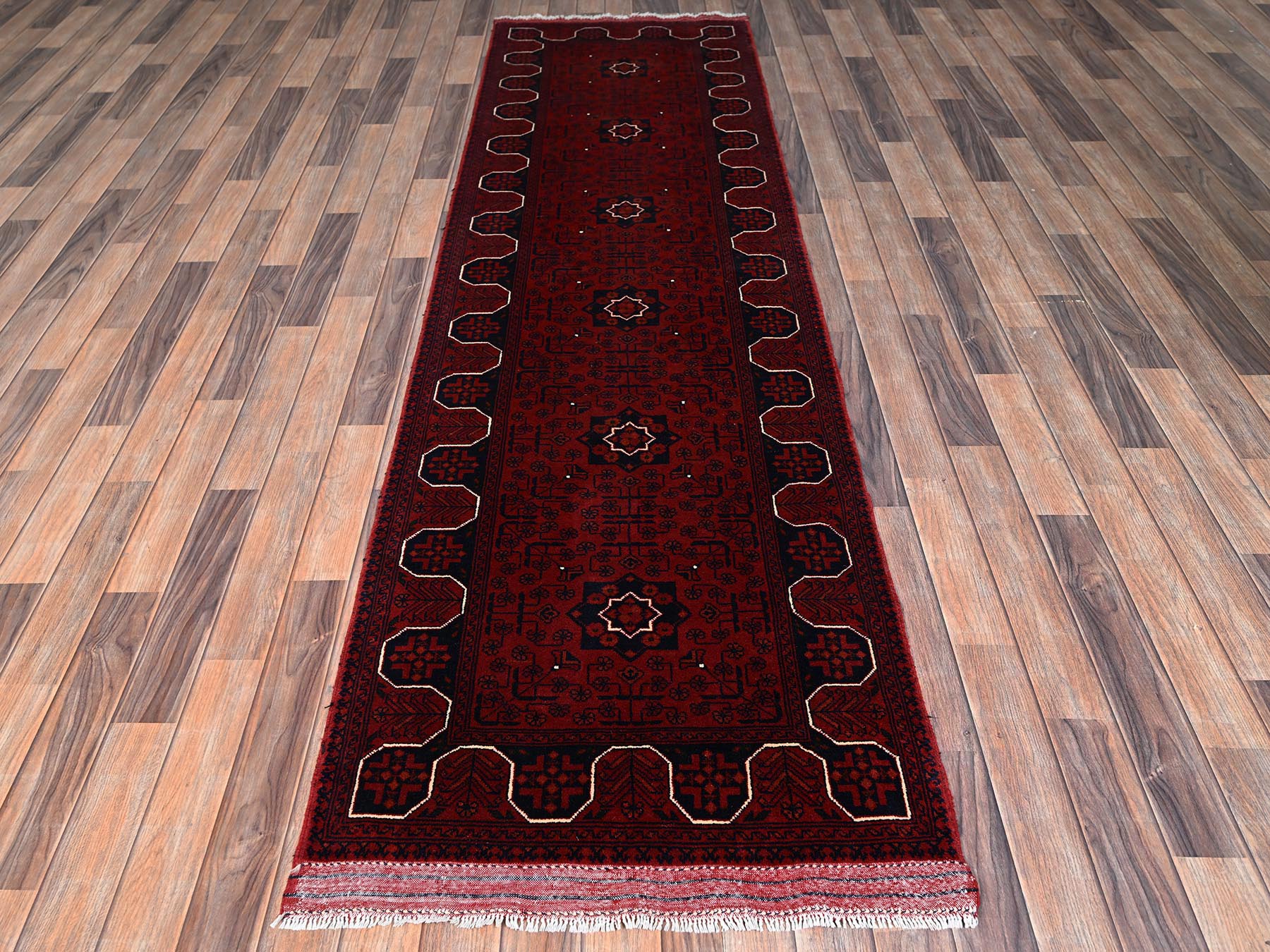 2'9"x9'7" Crimson Red, Afghan Andkhoy with Geometric Motif, Soft and Velvety Wool, Hand Knotted, Runner, Oriental Rug HR2484 - Image 2