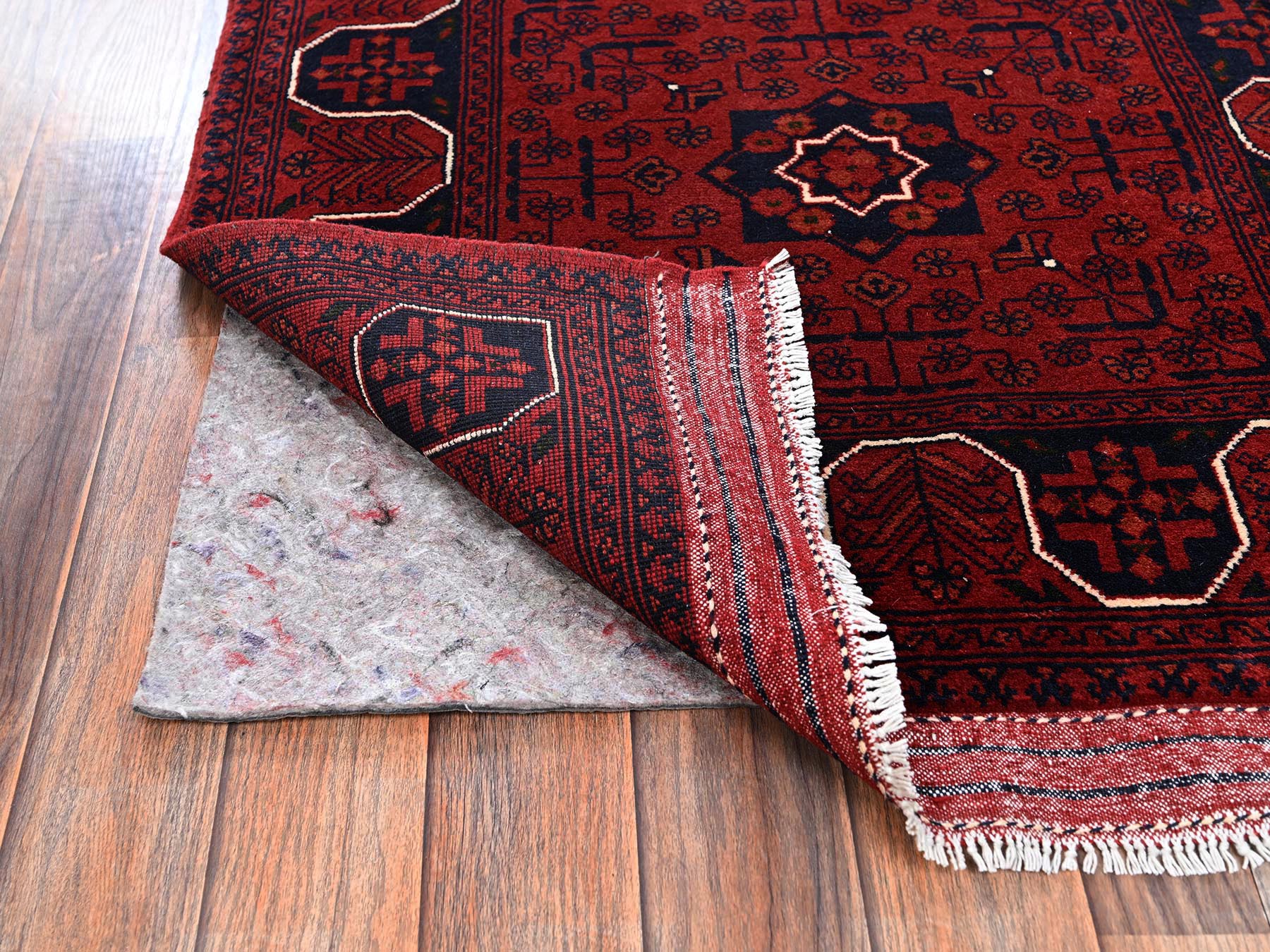 2'9"x9'7" Crimson Red, Afghan Andkhoy with Geometric Motif, Soft and Velvety Wool, Hand Knotted, Runner, Oriental Rug HR2484 - Image 3