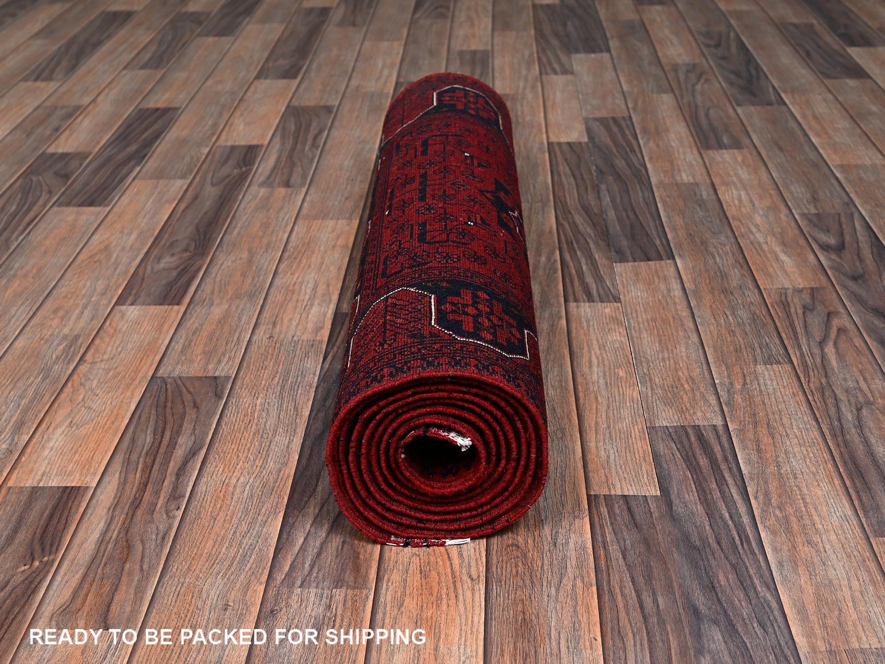 2'9"x9'7" Crimson Red, Afghan Andkhoy with Geometric Motif, Soft and Velvety Wool, Hand Knotted, Runner, Oriental Rug HR2484 - Image 5