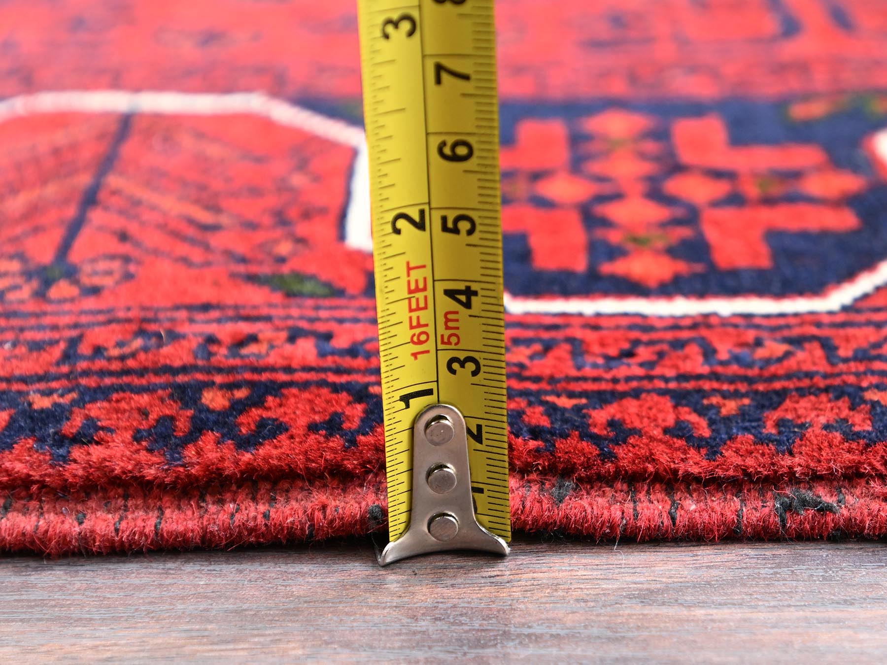2'9"x9'7" Crimson Red, Afghan Andkhoy with Geometric Motif, Soft and Velvety Wool, Hand Knotted, Runner, Oriental Rug HR2484 - Image 6