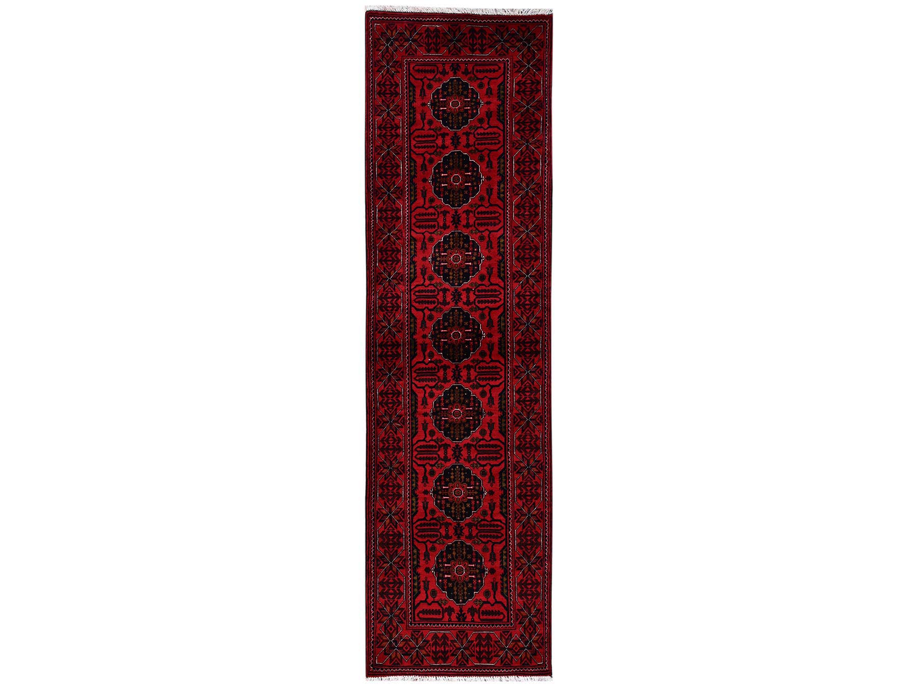 2'7"x9'7" Crimson Red, Afghan Andkhoy with Tribal Medallions, Soft and Velvety Wool, Hand Knotted, Runner, Oriental Rug HR2485