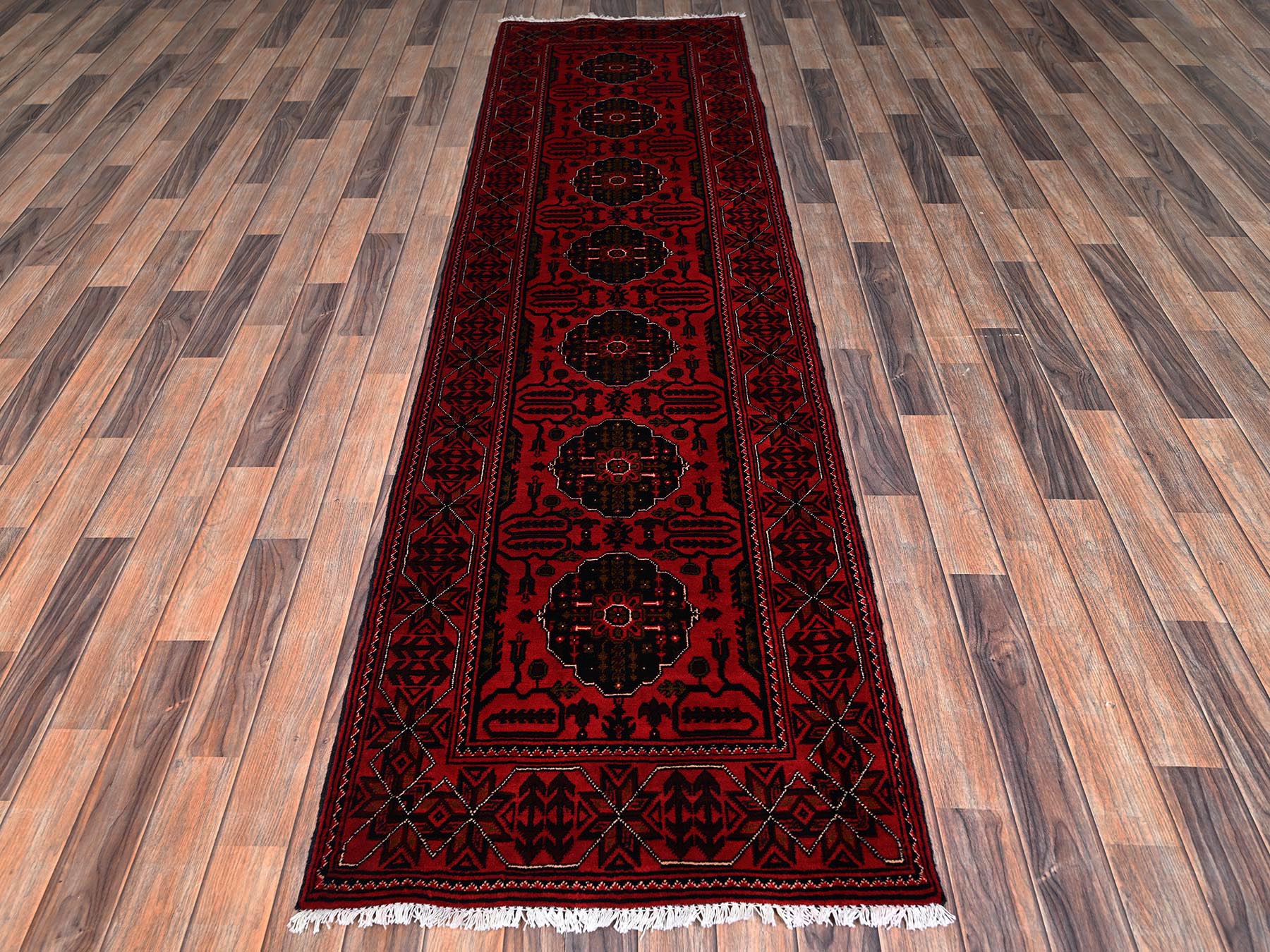 2'7"x9'7" Crimson Red, Afghan Andkhoy with Tribal Medallions, Soft and Velvety Wool, Hand Knotted, Runner, Oriental Rug HR2485 - Image 2