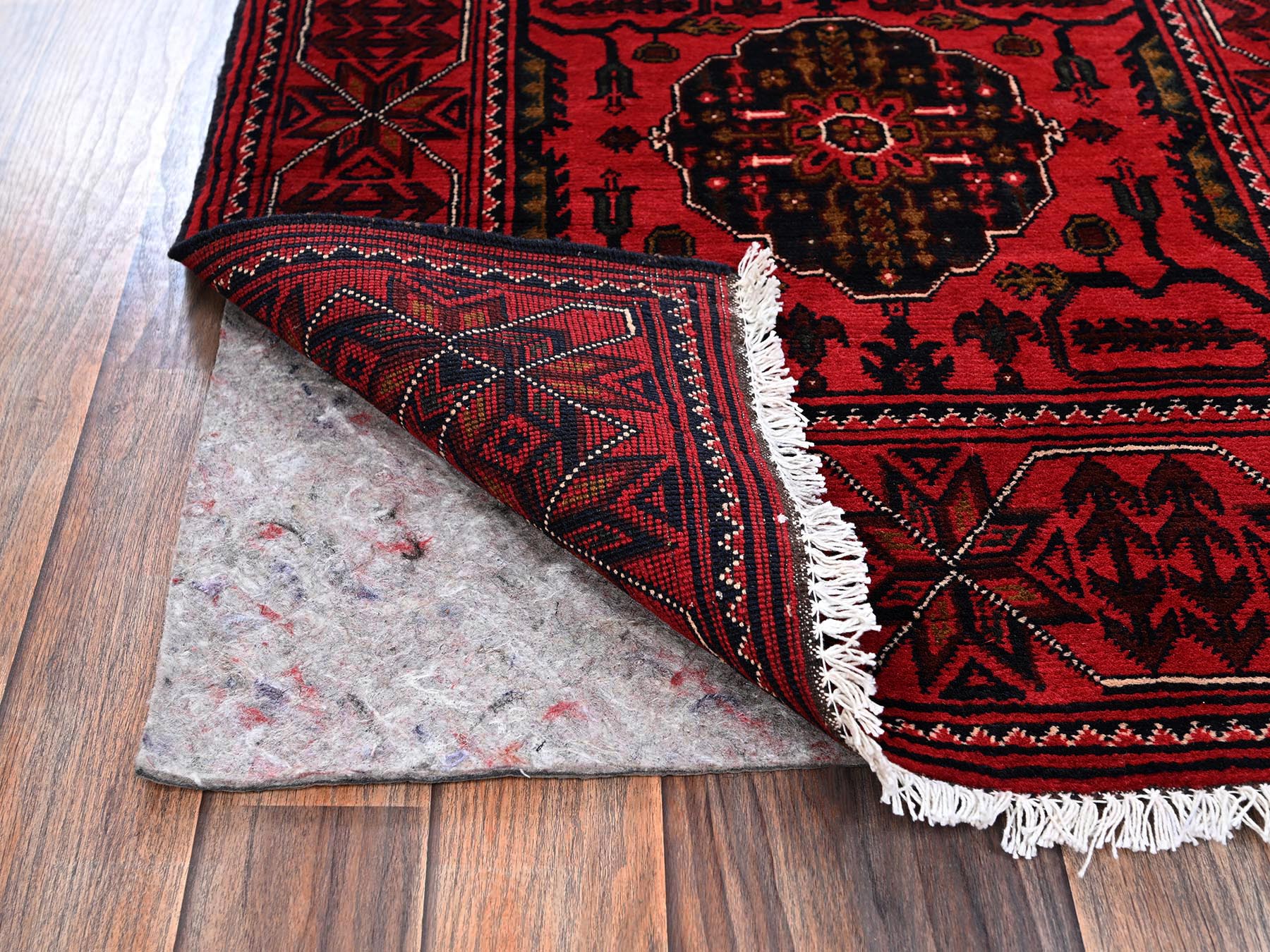 2'7"x9'7" Crimson Red, Afghan Andkhoy with Tribal Medallions, Soft and Velvety Wool, Hand Knotted, Runner, Oriental Rug HR2485 - Image 3