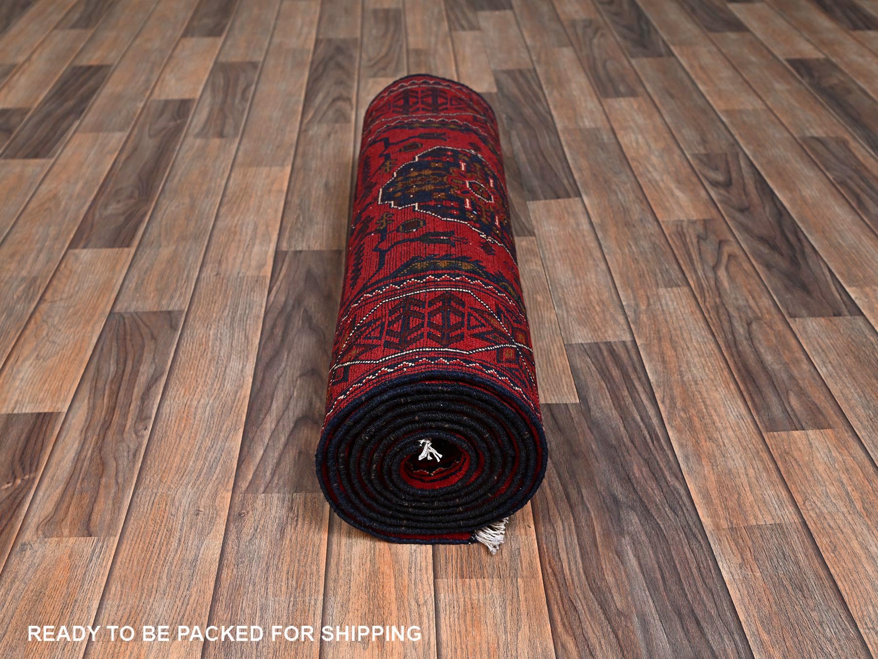 2'7"x9'7" Crimson Red, Afghan Andkhoy with Tribal Medallions, Soft and Velvety Wool, Hand Knotted, Runner, Oriental Rug HR2485 - Image 5