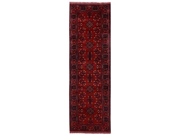 3'x9'6" Crimson Red, Afghan Andkhoy with Tribal Design, Soft and Velvety Wool, Hand Knotted, Runner, Oriental Rug HR2486