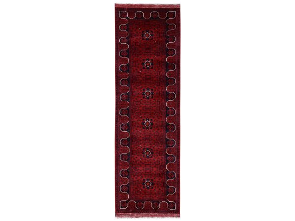 2'9"x9'7" Crimson Red, Afghan Andkhoy with Geometric Motif, Soft and Velvety Wool, Hand Knotted, Runner, Oriental Rug HR2487