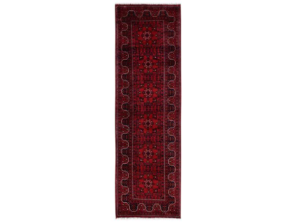 2'9"x9'8" Crimson Red, Afghan Andkhoy with Geometric Motif, Hand Knotted, Soft and Velvety Wool, Runner, Oriental Rug HR2488