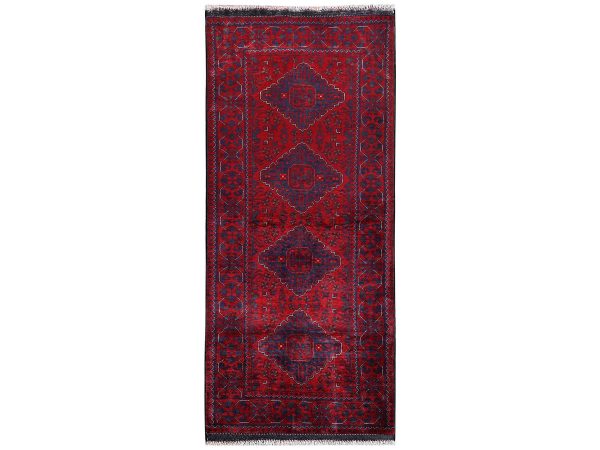 2'10"x6'9" Crimson Red, Afghan Andkhoy with Geometric Medallions, Hand Knotted, Soft and Velvety Wool, Runner, Oriental Rug HR2489