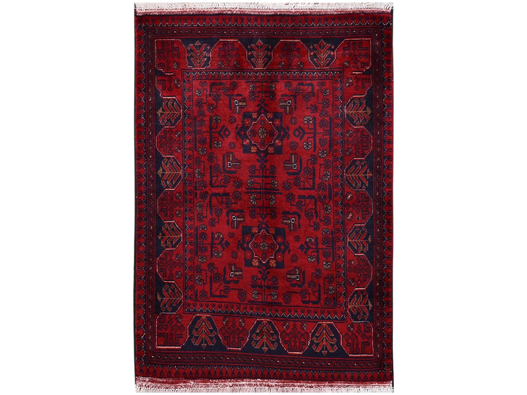 2'8"x4' Crimson Red, Hand Knotted, Afghan Andkhoy with Geometric Motif, Soft and Velvety Wool, Mat, Sample, Oriental Rug HR2493
