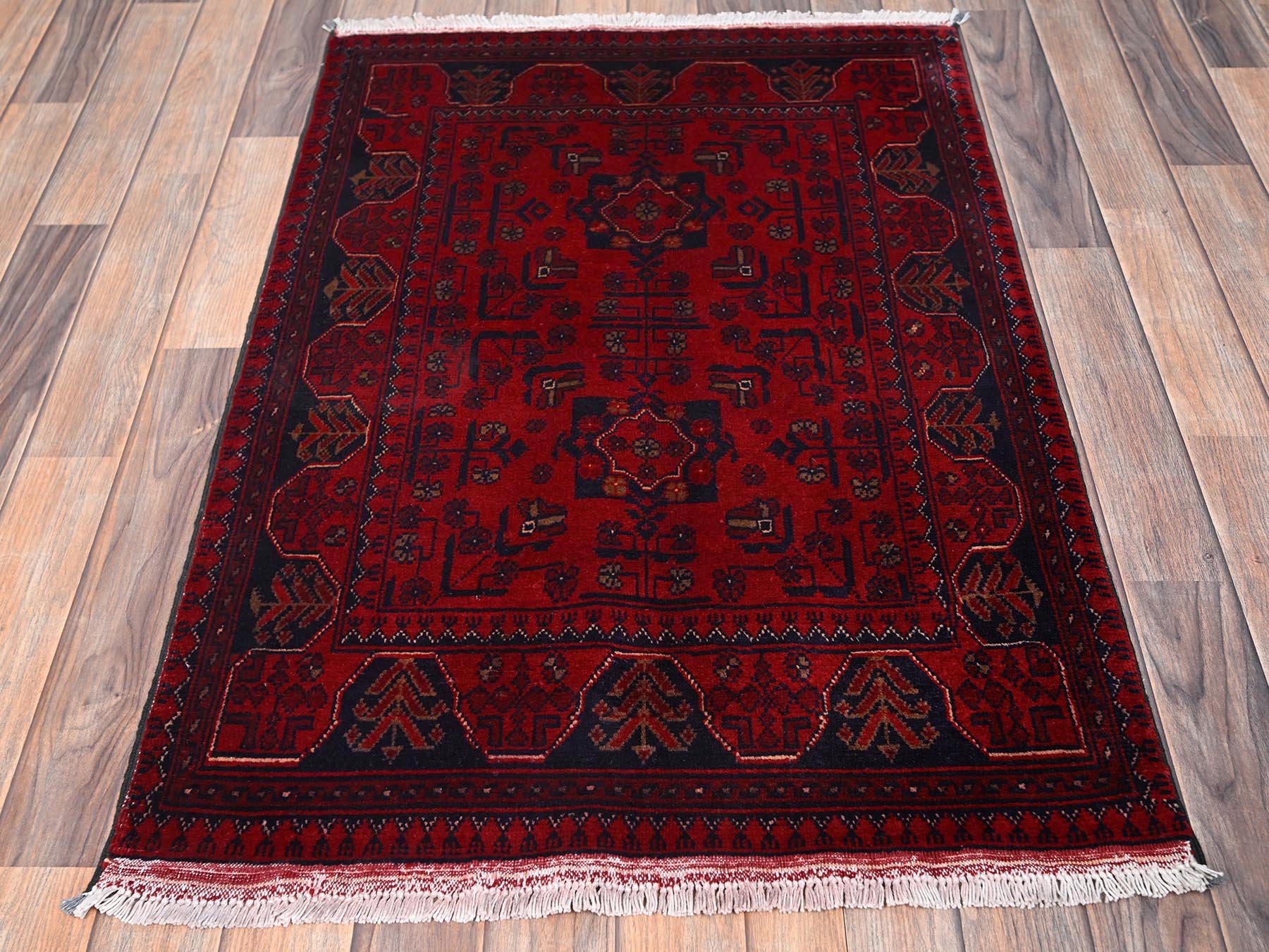 2'8"x4' Crimson Red, Hand Knotted, Afghan Andkhoy with Geometric Motif, Soft and Velvety Wool, Mat, Sample, Oriental Rug HR2493 - Image 2