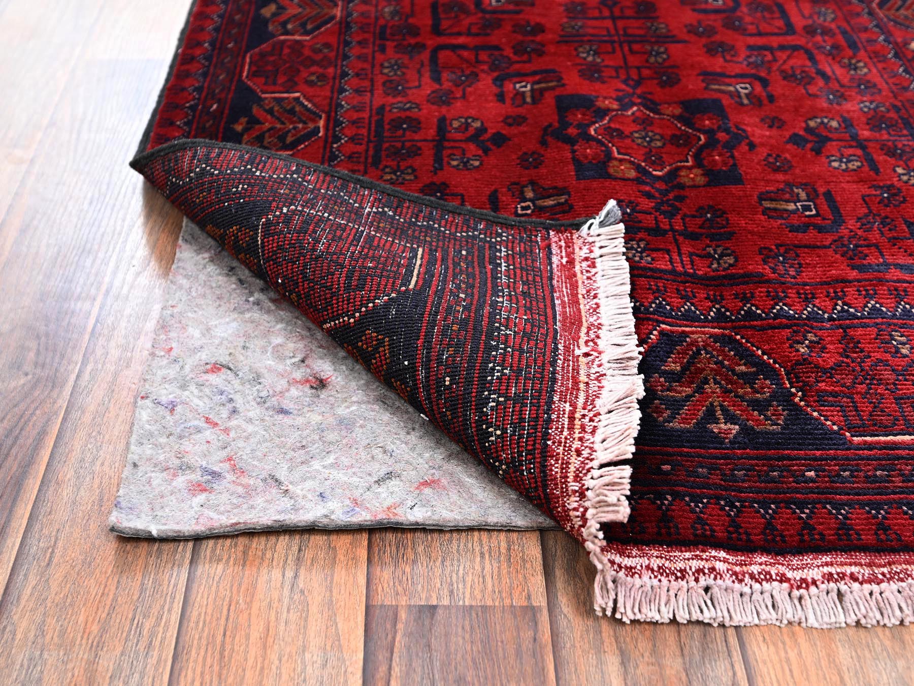 2'8"x4' Crimson Red, Hand Knotted, Afghan Andkhoy with Geometric Motif, Soft and Velvety Wool, Mat, Sample, Oriental Rug HR2493 - Image 3