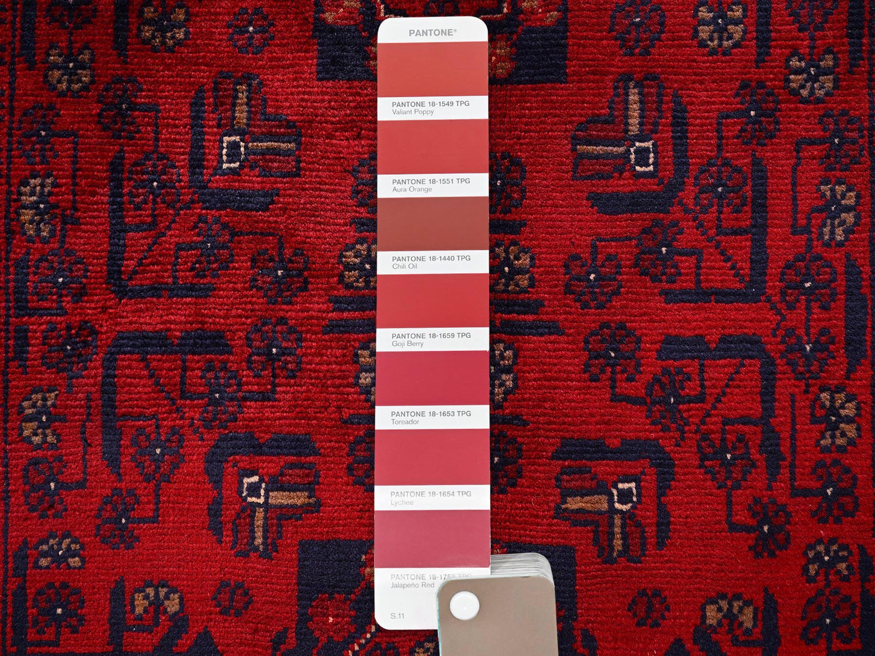 2'8"x4' Crimson Red, Hand Knotted, Afghan Andkhoy with Geometric Motif, Soft and Velvety Wool, Mat, Sample, Oriental Rug HR2493 - Image 4