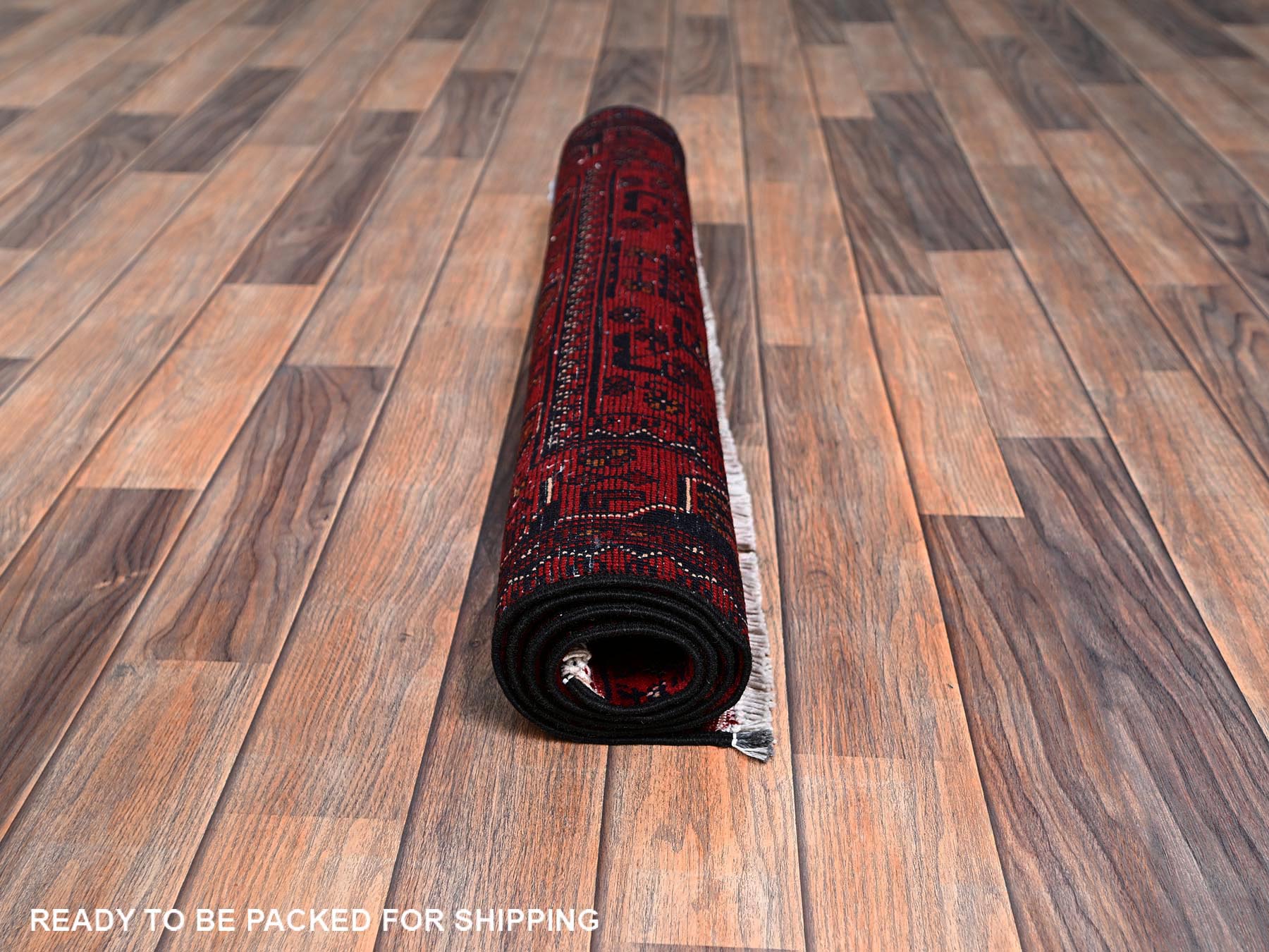 2'8"x4' Crimson Red, Hand Knotted, Afghan Andkhoy with Geometric Motif, Soft and Velvety Wool, Mat, Sample, Oriental Rug HR2493 - Image 5