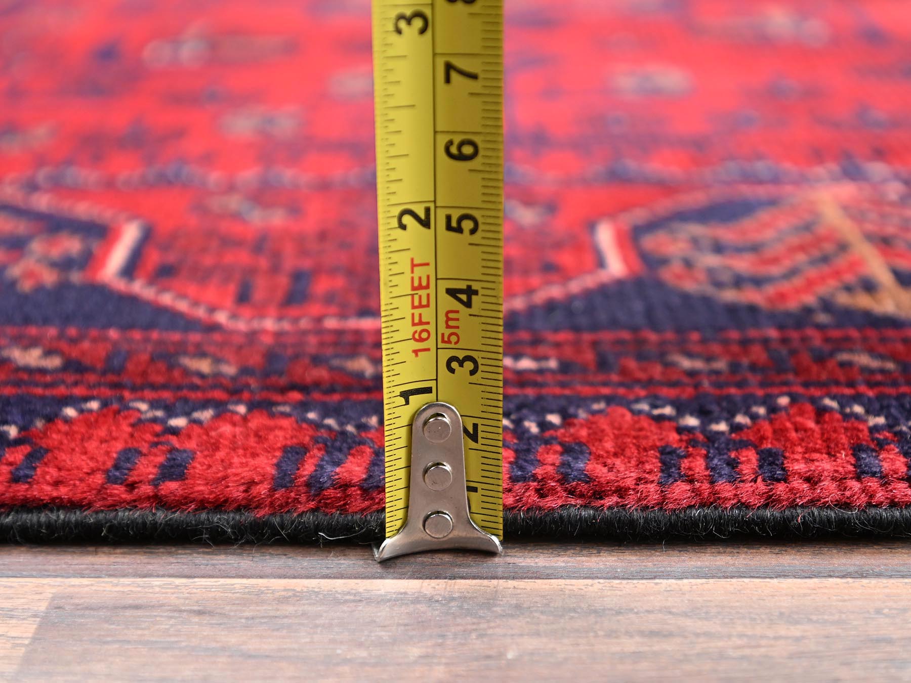 2'8"x4' Crimson Red, Hand Knotted, Afghan Andkhoy with Geometric Motif, Soft and Velvety Wool, Mat, Sample, Oriental Rug HR2493 - Image 6