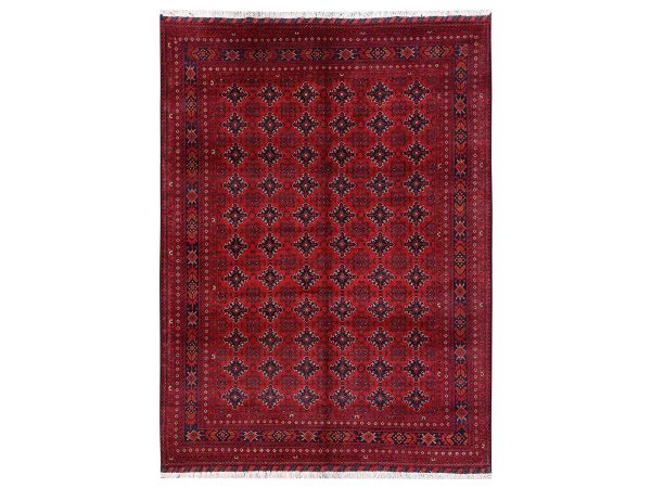 8'2"x11' Crimson Red, Hand Knotted, Afghan Andkhoy with All Over Geometric Motif, Soft and Velvety Wool, Oriental Rug HR2497