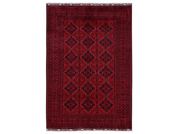 6'7"x9'7" Crimson Red, Hand Knotted, Afghan Andkhoy with Geometric Pattern, Soft and Velvety Wool, Oriental Rug HR2505