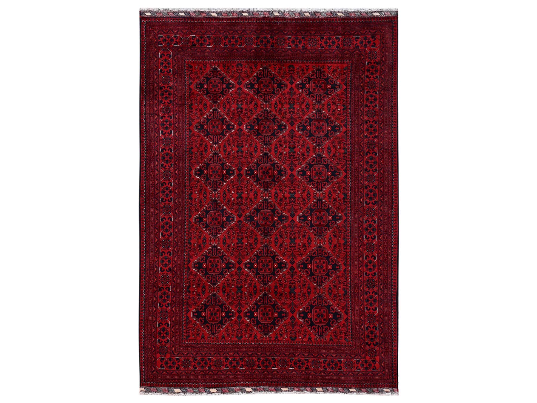 6'7"x9'7" Crimson Red, Hand Knotted, Afghan Andkhoy with Geometric Pattern, Soft and Velvety Wool, Oriental Rug HR2505