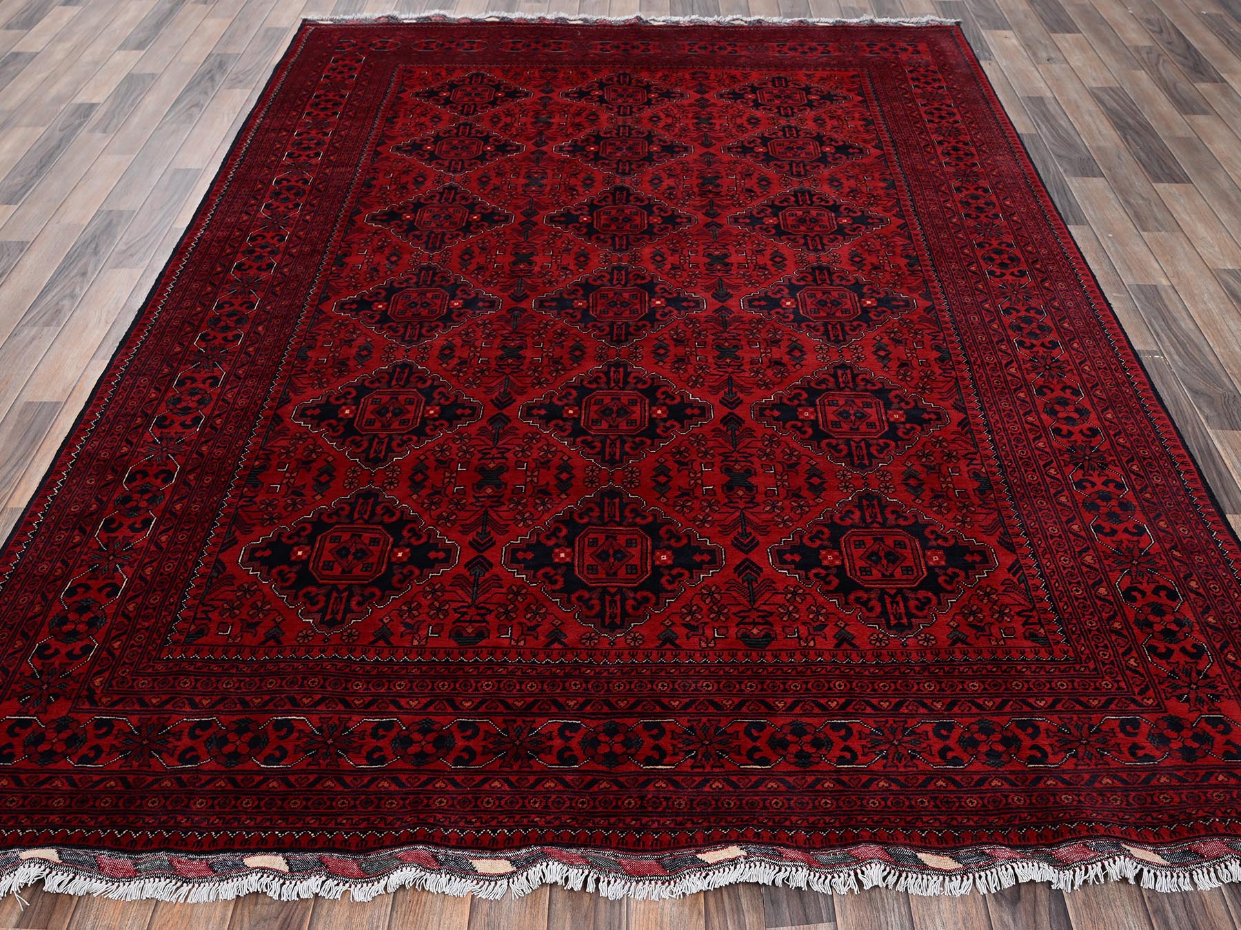 6'7"x9'7" Crimson Red, Hand Knotted, Afghan Andkhoy with Geometric Pattern, Soft and Velvety Wool, Oriental Rug HR2505 - Image 2
