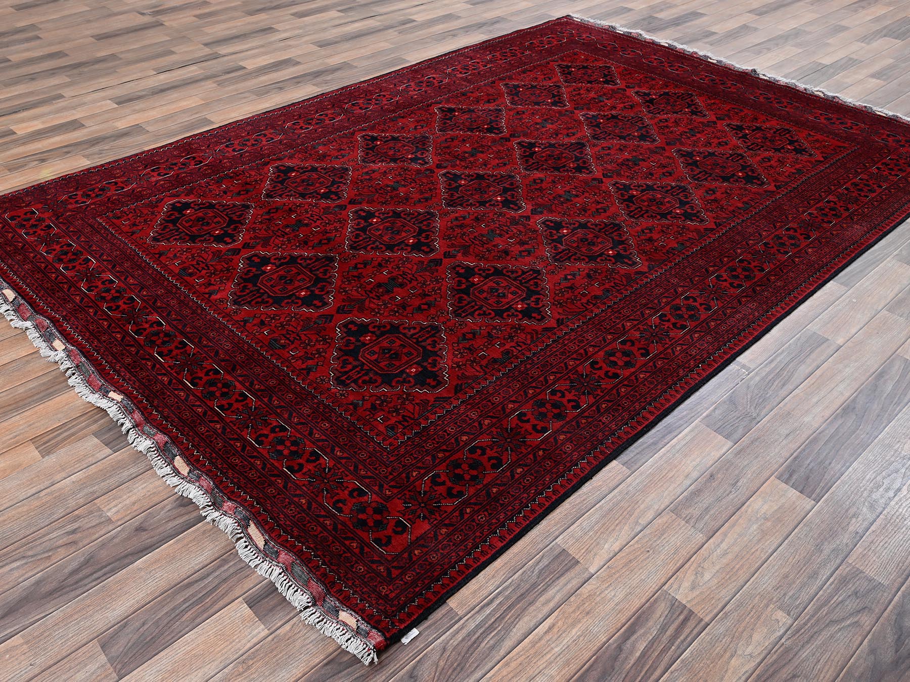 6'7"x9'7" Crimson Red, Hand Knotted, Afghan Andkhoy with Geometric Pattern, Soft and Velvety Wool, Oriental Rug HR2505 - Image 3