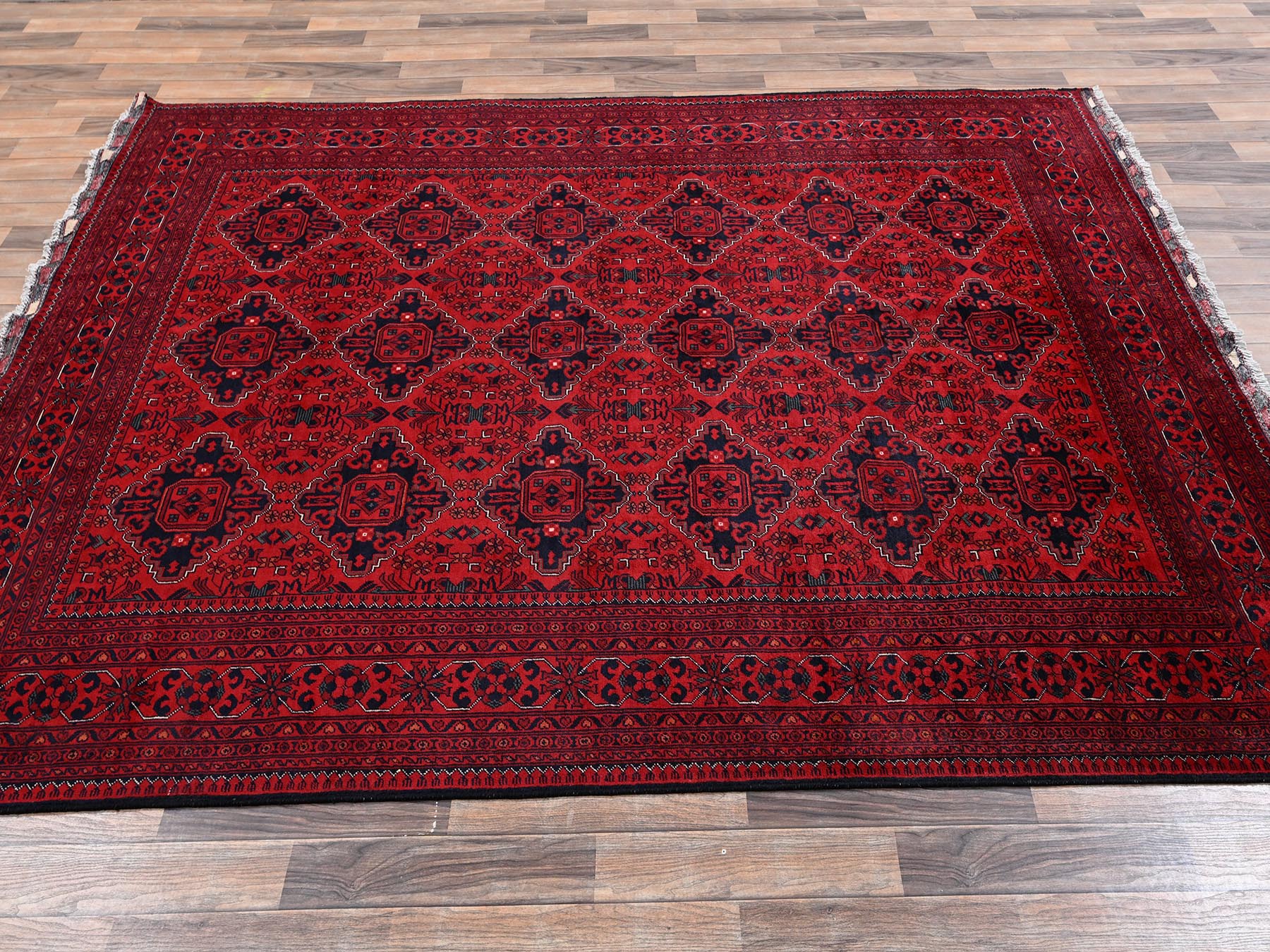 6'7"x9'7" Crimson Red, Hand Knotted, Afghan Andkhoy with Geometric Pattern, Soft and Velvety Wool, Oriental Rug HR2505 - Image 4
