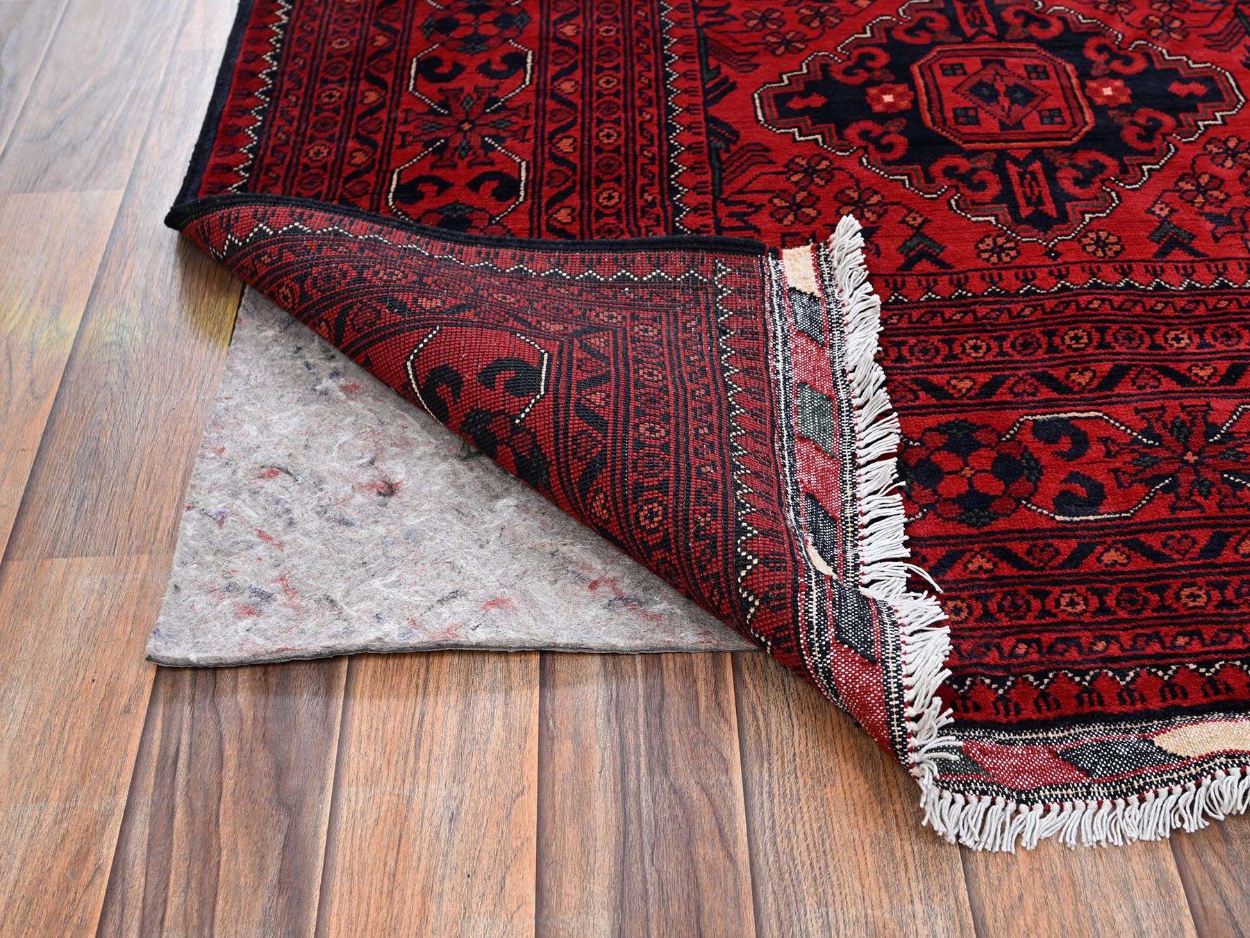 6'7"x9'7" Crimson Red, Hand Knotted, Afghan Andkhoy with Geometric Pattern, Soft and Velvety Wool, Oriental Rug HR2505 - Image 5