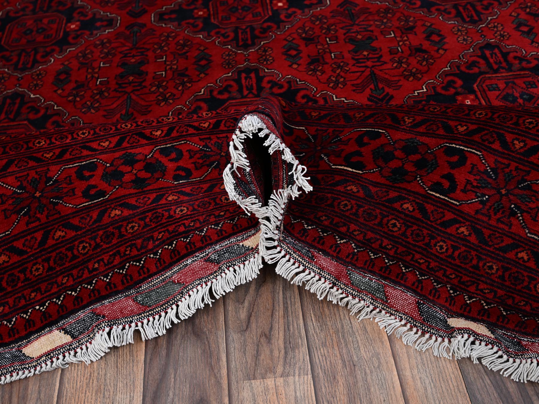 6'7"x9'7" Crimson Red, Hand Knotted, Afghan Andkhoy with Geometric Pattern, Soft and Velvety Wool, Oriental Rug HR2505 - Image 6