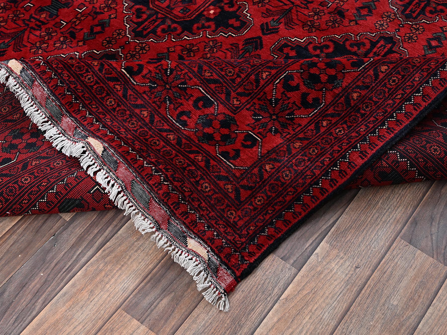 6'7"x9'7" Crimson Red, Hand Knotted, Afghan Andkhoy with Geometric Pattern, Soft and Velvety Wool, Oriental Rug HR2505 - Image 7