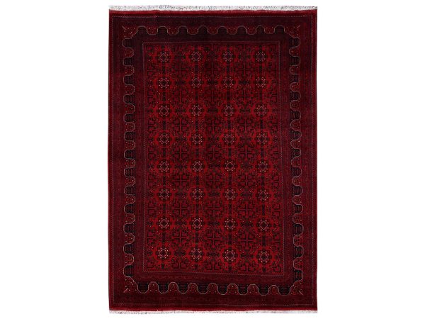 6'7"x9'7" Crimson Red, Hand Knotted, Afghan Andkhoy with All Over Geometric Motif, Soft and Velvety Wool, Oriental Rug HR2506