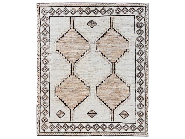 8'4"x10'1" Cream White, Tone on Tone, Moroccan Weave with Geometric Design, Pure Wool, Hand Knotted, Textured Pile, Oriental Rug HR2516