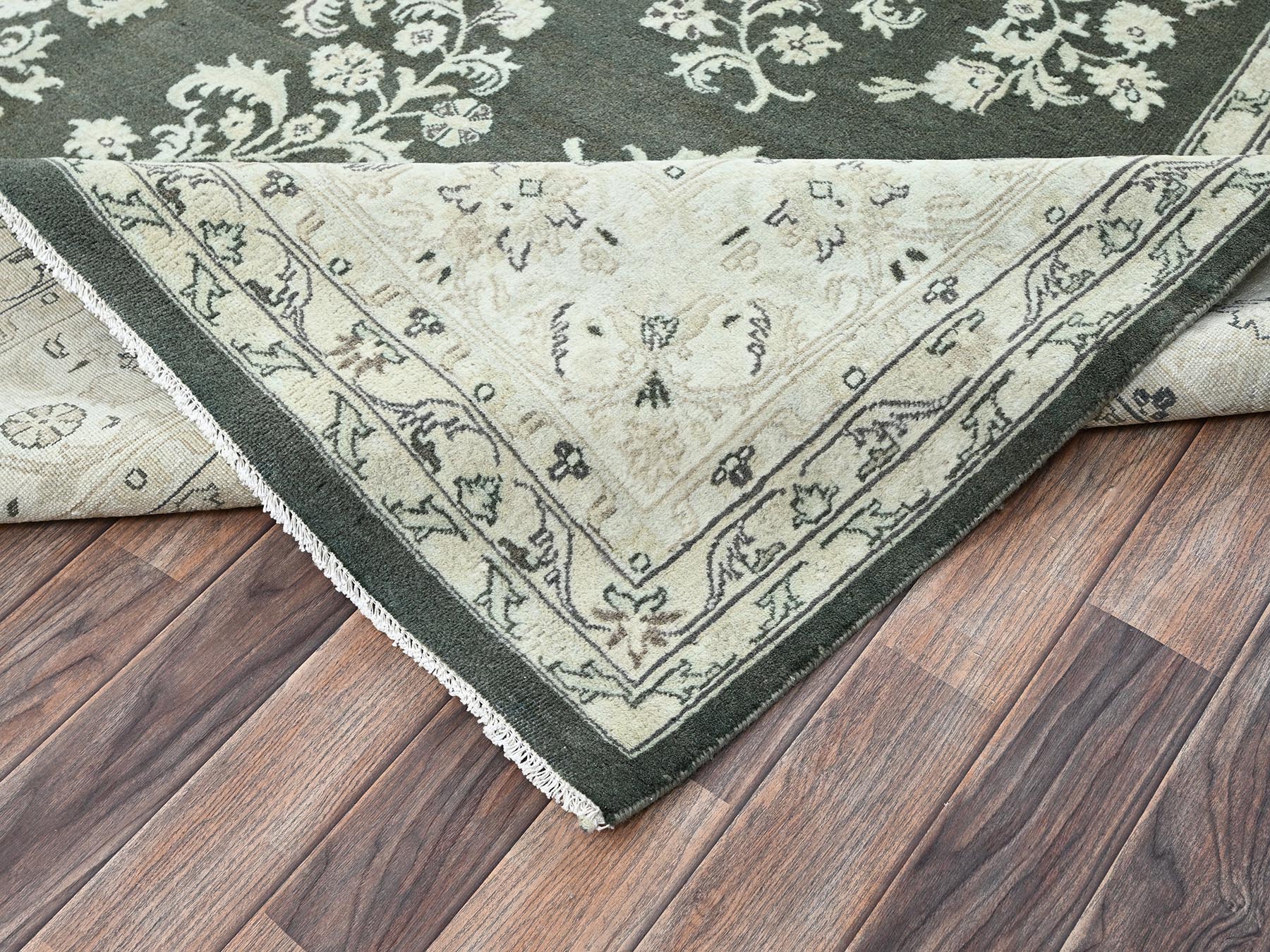 9'8"x14'2" Dark Olive Green, Vintage Indo Sarouk with All Over Design, Professionally Cleaned, Sides & Ends Secured, Hand Knotted, 100% Wool, Oriental Rug HR2529 - Image 7
