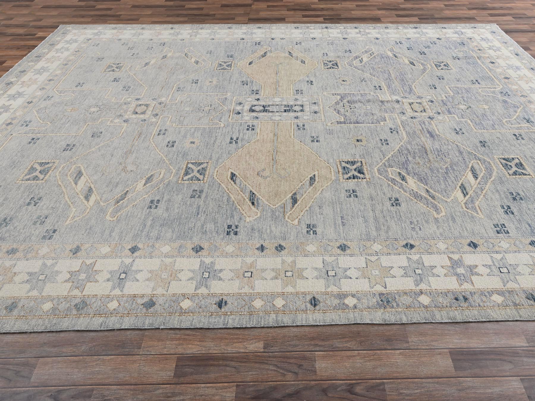 10'x14'1" Misty Gray, Anatolian Village Design, Turkish Knot, Hand Knotted, Zero Pile, Sheared Low, 100% Wool, Oriental Rug HR2560 - Image 4