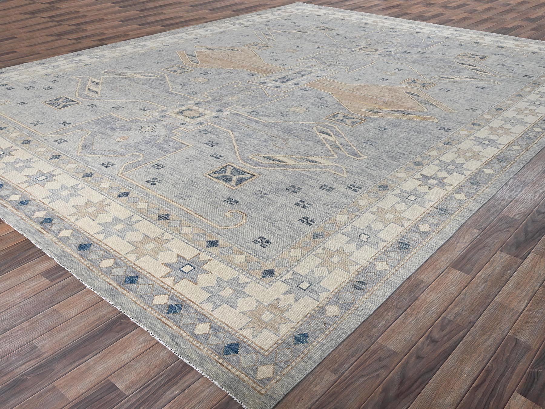 11'8"x15' Misty Gray, Anatolian Village Design, Turkish Knot, Hand Knotted, Zero Pile, Sheared Low, 100% Wool, XL, Oversized, Oriental Rug HR2562 - Image 3