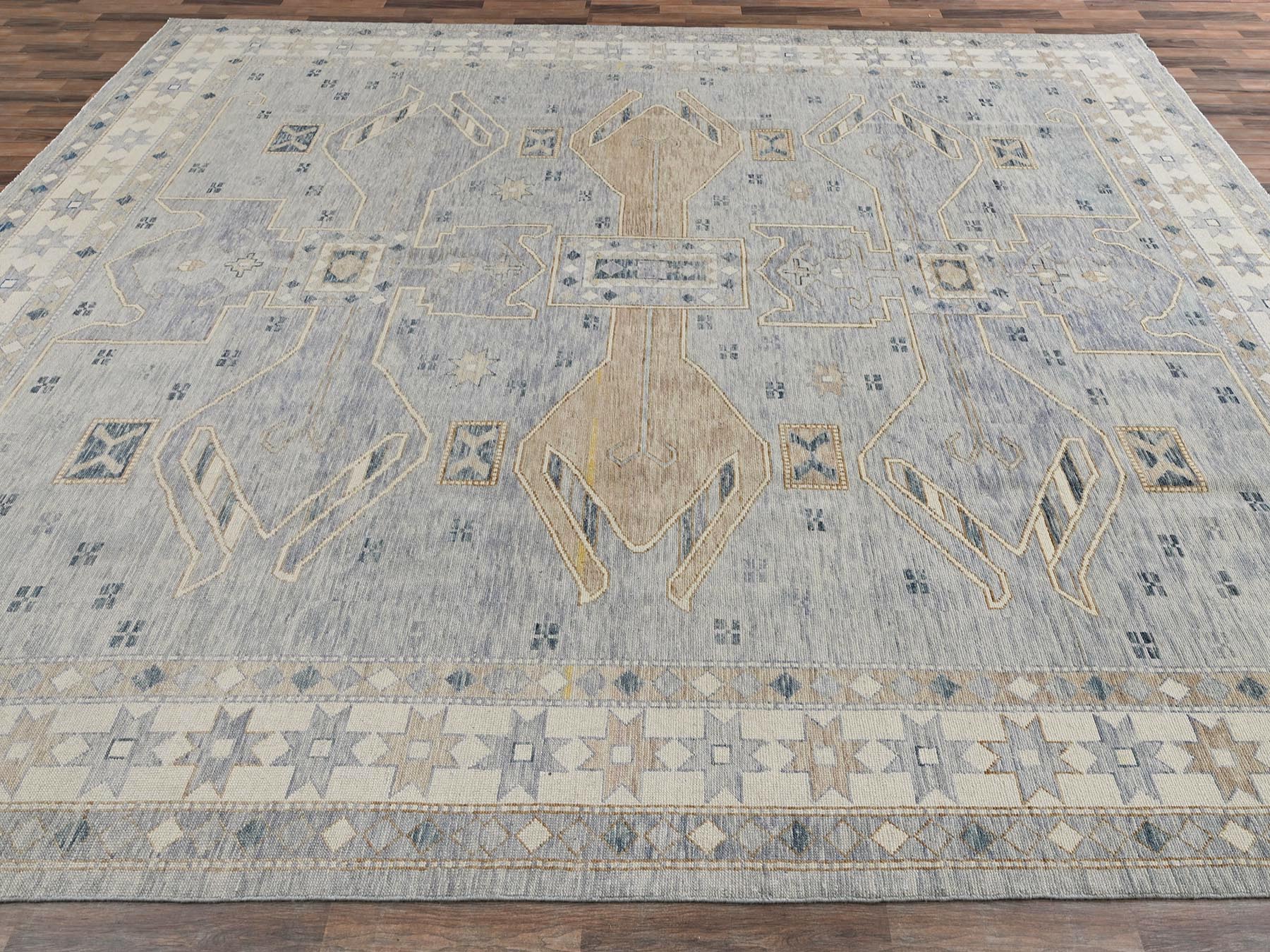 11'8"x15' Misty Gray, Anatolian Village Design, Turkish Knot, Hand Knotted, Zero Pile, Sheared Low, 100% Wool, XL, Oversized, Oriental Rug HR2562 - Image 4