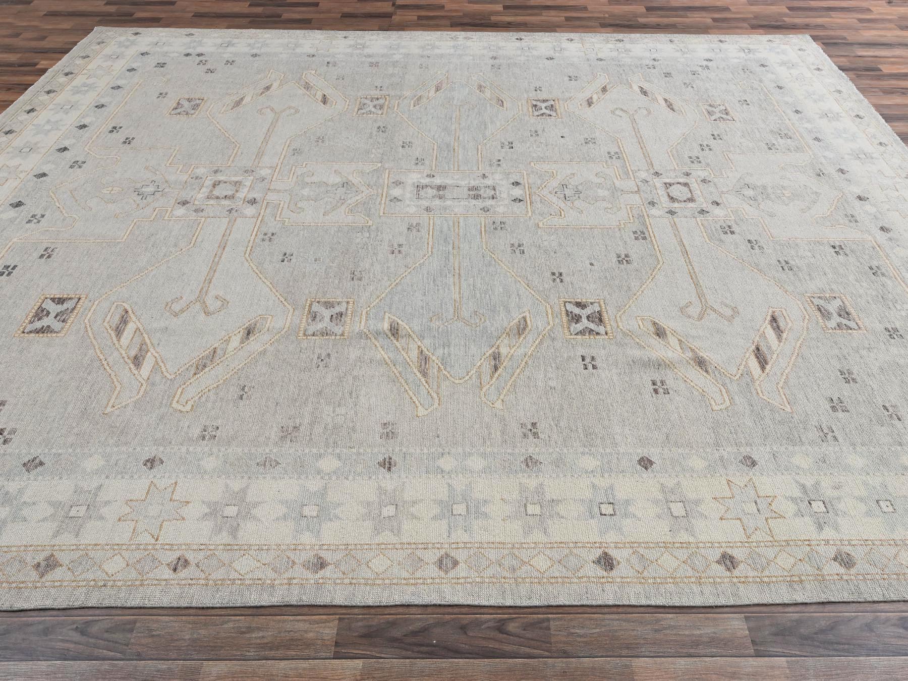 11'6"x14'10" Misty Gray, Anatolian Village Design, Turkish Knot, Sheared Low, Hand Knotted, 100% Wool, Zero Pile, XL, Oversized, Oriental Rug HR2565 - Image 4