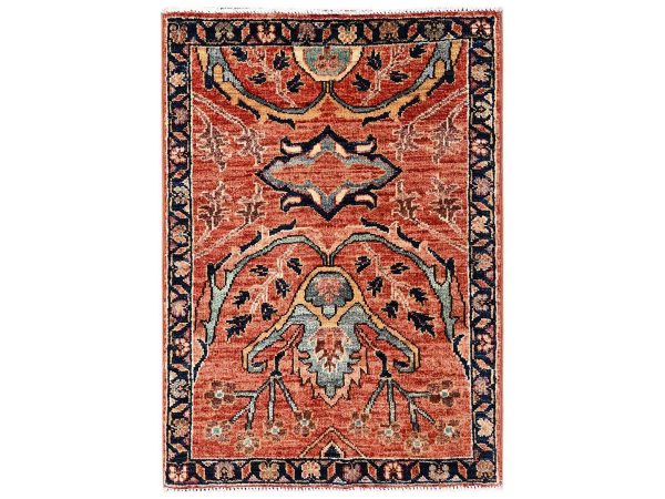 2'2"x3' Amber Orange, Aryana Collection, Heriz All Over Design, Vegetable Dyes, Soft Pile, High Mountain Wool, Hand Knotted, Densely Woven, Sample, Mat, Oriental Rug HR2570