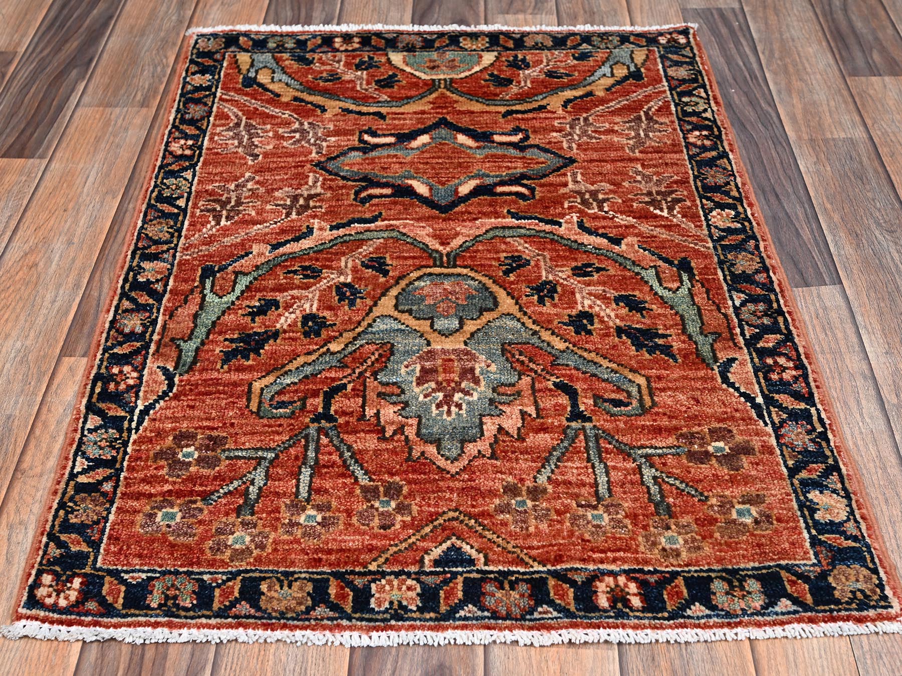 2'2"x3' Amber Orange, Aryana Collection, Heriz All Over Design, Vegetable Dyes, Soft Pile, High Mountain Wool, Hand Knotted, Densely Woven, Sample, Mat, Oriental Rug HR2570 - Image 2