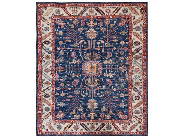 8'x9'9" Yale Blue, Afghan Peshawar with Heriz All Over Design, Hand Knotted, Soft Wool, Densely Woven, Oriental Rug HR2650