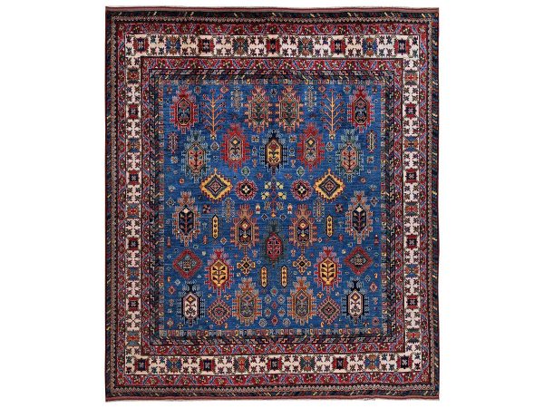 10'x10' Cobalt Blue, Hand Knotted, Afghan Ersari with Turkish Knot, Antique Caucasian Motif, Vegetable Dyes, Densely Woven, Soft and Velvety Wool, Square, Oriental Rug HR2659