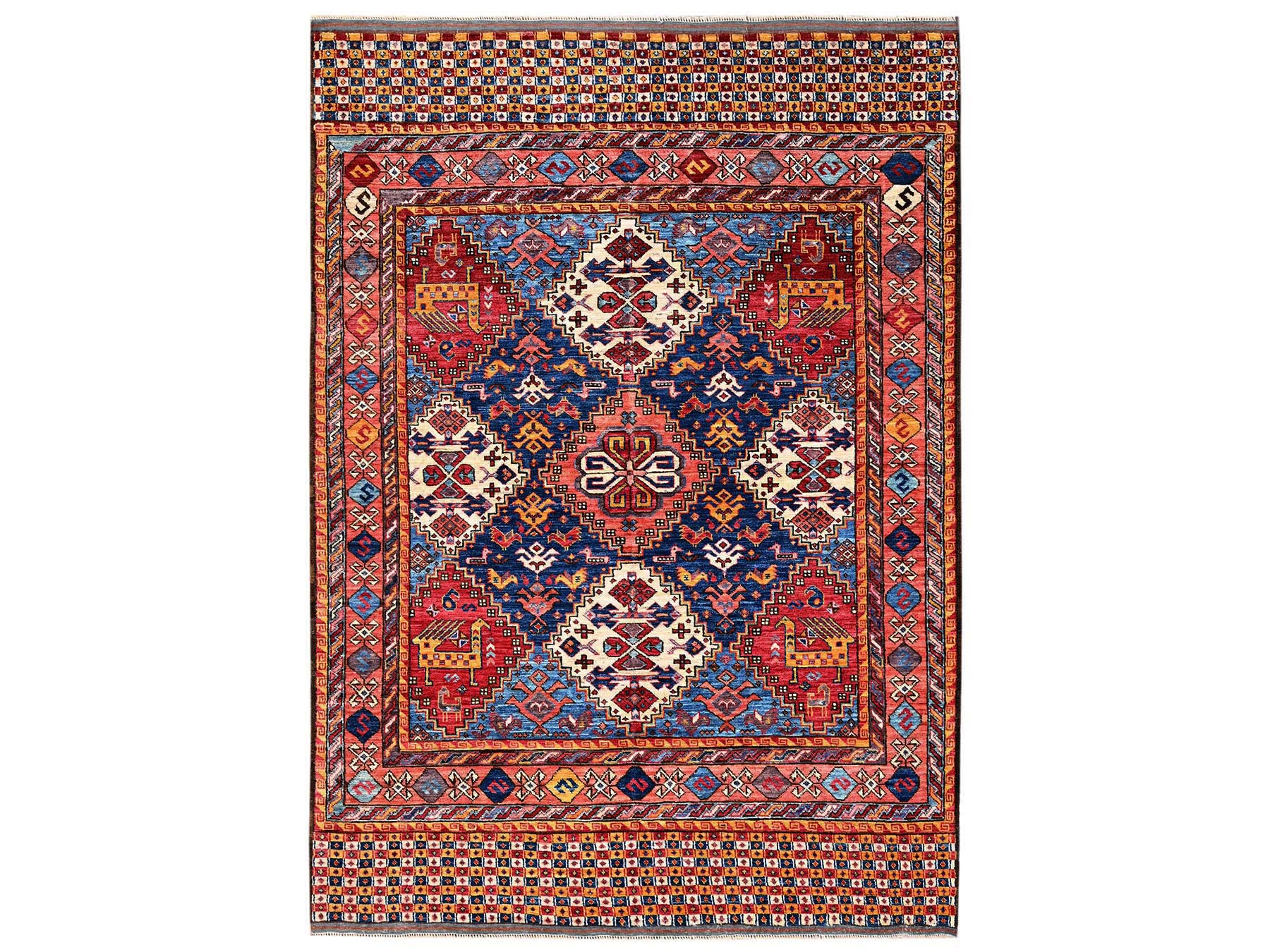 5'x6'10" Colorful, Afghan Ersari with Turkish Knot, Antique Caucasian Motif, Small Bird Figurines, Vegetable Dyes, Densely Woven, Hand Knotted, Soft and Velvety Wool, Oriental Rug HR2669