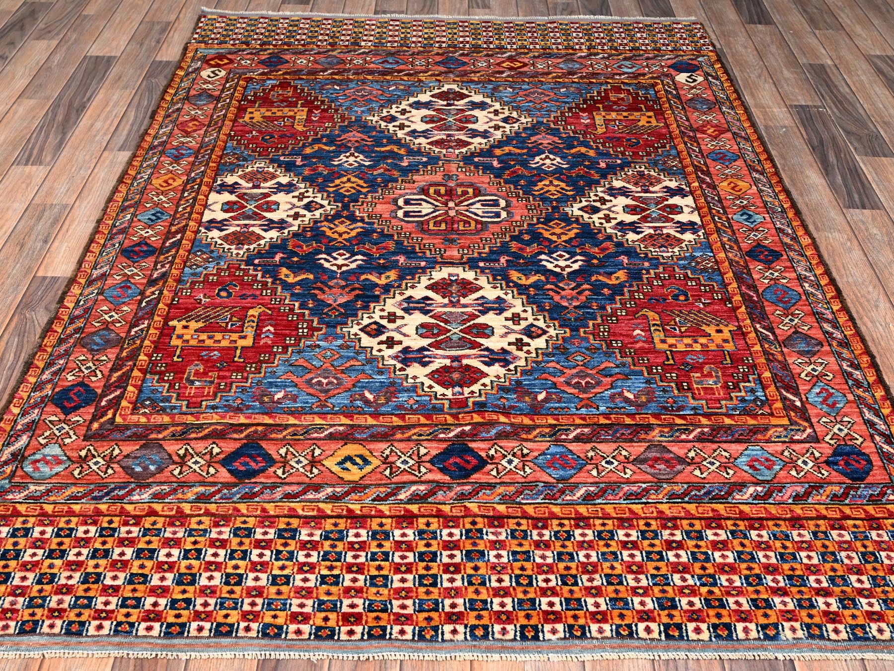 5'x6'10" Colorful, Afghan Ersari with Turkish Knot, Antique Caucasian Motif, Small Bird Figurines, Vegetable Dyes, Densely Woven, Hand Knotted, Soft and Velvety Wool, Oriental Rug HR2669 - Image 2