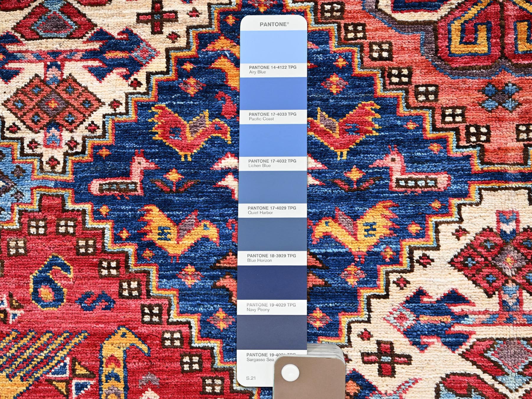 5'x6'10" Colorful, Afghan Ersari with Turkish Knot, Antique Caucasian Motif, Small Bird Figurines, Vegetable Dyes, Densely Woven, Hand Knotted, Soft and Velvety Wool, Oriental Rug HR2669 - Image 4