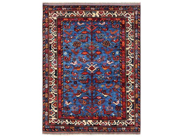 3'6"x4'7" Bayern Blue, Afghan Ersari with Turkish Knot, Bird Figurines, Vegetable Dyes, Densely Woven, Hand Knotted, Soft and Velvety Wool, Oriental Rug HR2670