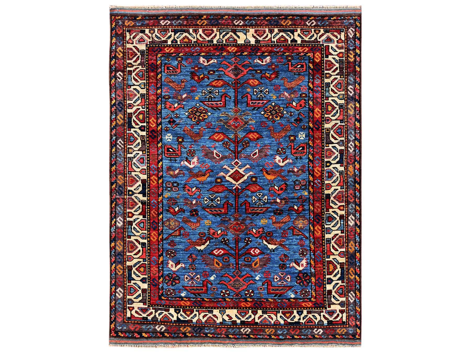 3'6"x4'7" Bayern Blue, Afghan Ersari with Turkish Knot, Bird Figurines, Vegetable Dyes, Densely Woven, Hand Knotted, Soft and Velvety Wool, Oriental Rug HR2670
