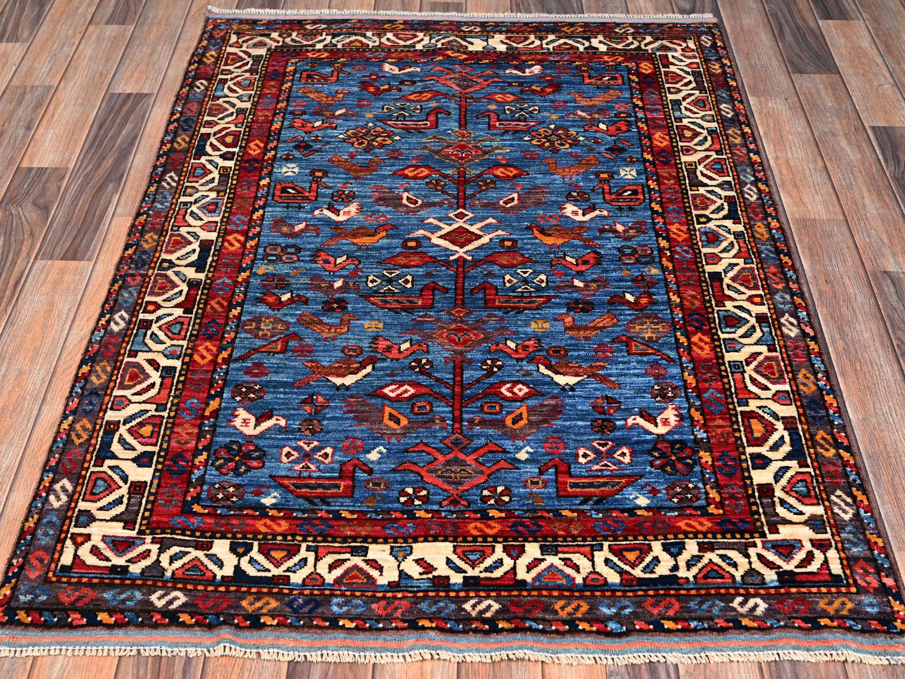 3'6"x4'7" Bayern Blue, Afghan Ersari with Turkish Knot, Bird Figurines, Vegetable Dyes, Densely Woven, Hand Knotted, Soft and Velvety Wool, Oriental Rug HR2670 - Image 2