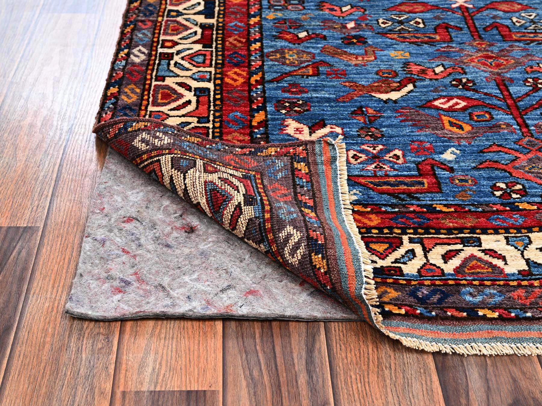 3'6"x4'7" Bayern Blue, Afghan Ersari with Turkish Knot, Bird Figurines, Vegetable Dyes, Densely Woven, Hand Knotted, Soft and Velvety Wool, Oriental Rug HR2670 - Image 3